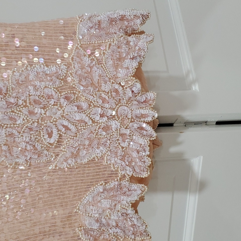 Vintage Stenay Pastel Pink Peach Lace Sequin Glitter Peplum Shir - Picture 3 of 6